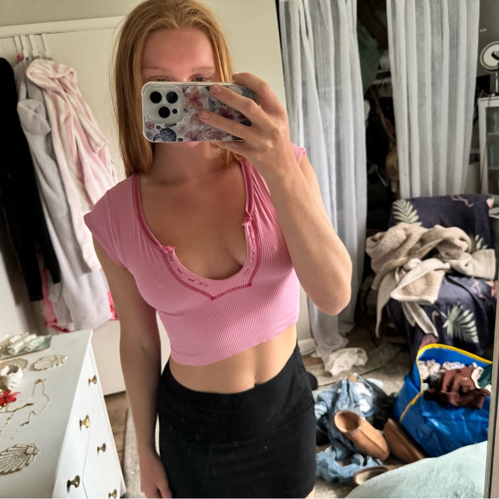 Urban Outfitters Pink Cap Sleeve Fitted Crop Top